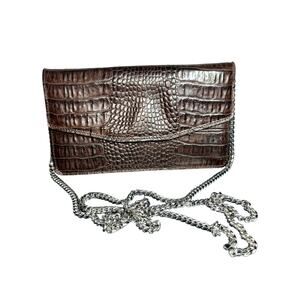 Brown Croc Embossed Leather Crossbody Wallet on Chain Clutch Bag quiet luxury